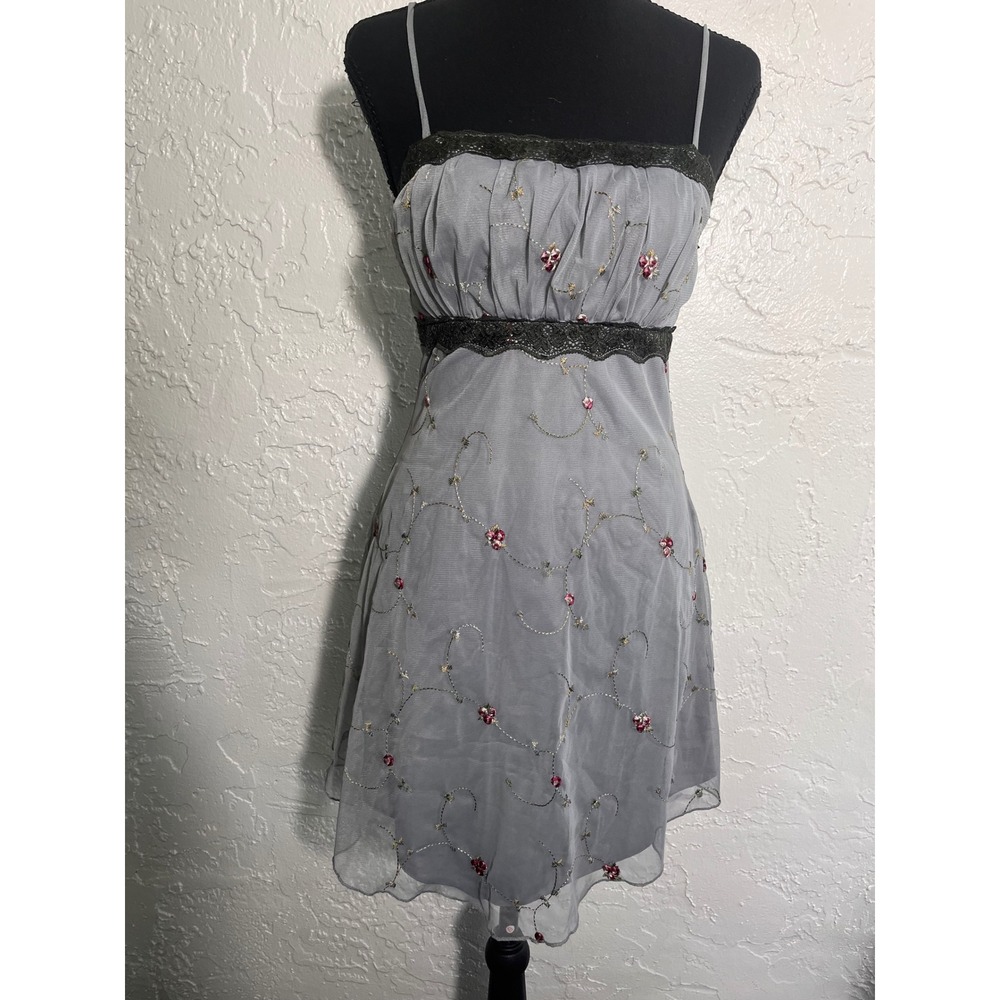 Thirty Thirty LA Grey Mesh Floral Embroidered Lace Trim Babydoll Dress XS Y2K